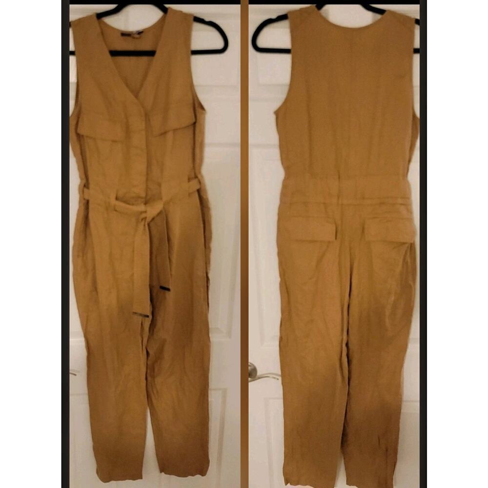 Donna Karan Jumpsuit Womens Small 100% Linen Tan Safari Straight Leg